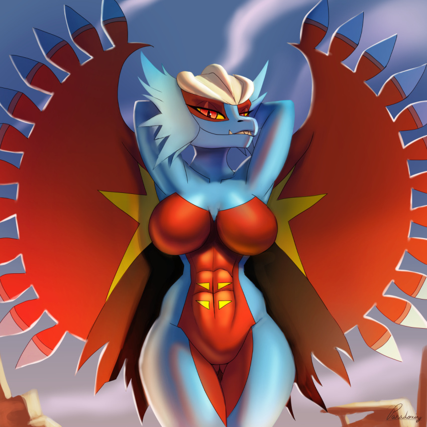 1:1 2023 abs ancient_pokemon anthro athletic athletic_anthro big_breasts blue_body breasts butt_from_the_front cloud digital_media_(artwork) digital_painting_(artwork) fangs featureless_breasts female generation_9_pokemon hands_behind_head hi_res looking_at_viewer multicolored_body nintendo paradox_pokemon paradoxing pinup pokemon pokemon_(species) pose red_body red_eyes roaring_moon rock signature sky smile solo standing teeth wings yellow_sclera