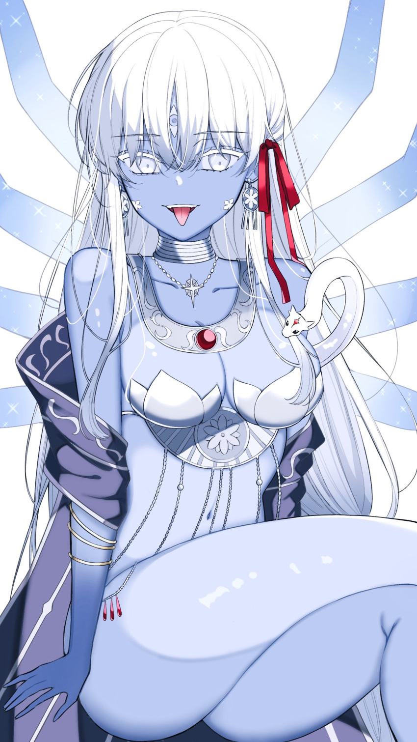1girl absurdres armor bare_shoulders belly_chain bikini_armor blue_eyes blue_skin bracelet breasts cleavage collarbone colored_skin crossed_legs earrings extra_arms fate/grand_order fate_(series) hair_ribbon highres jewelry kali_(fate) large_breasts long_hair looking_at_viewer mati5572 neck_ring necklace open_mouth revealing_clothes ribbon sash sitting smile snake solo thighs third_eye thumb_ring tongue very_long_hair white_hair