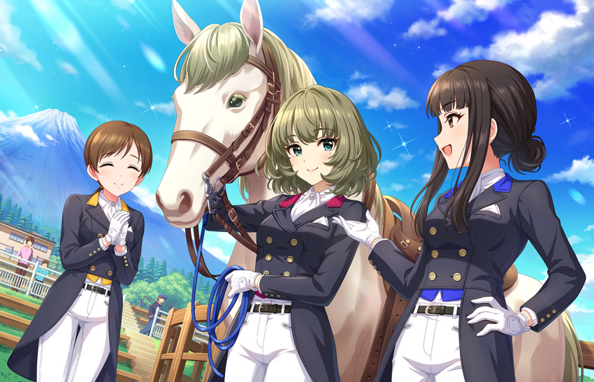 3girls blue_sky blush breasts bridle brown_hair dutch_angle faceless faceless_female faceless_male gloves green_hair holding holding_leash horse idolmaster idolmaster_cinderella_girls idolmaster_cinderella_girls_starlight_stage kurokawa_chiaki leash light_rays looking_at_another medium_breasts mole mole_under_eye mount_fuji multiple_girls nitta_minami official_alternate_costume official_art outdoors pants people reins riding_outfit saddle sky smile tailcoat takagaki_kaede white_gloves white_pants