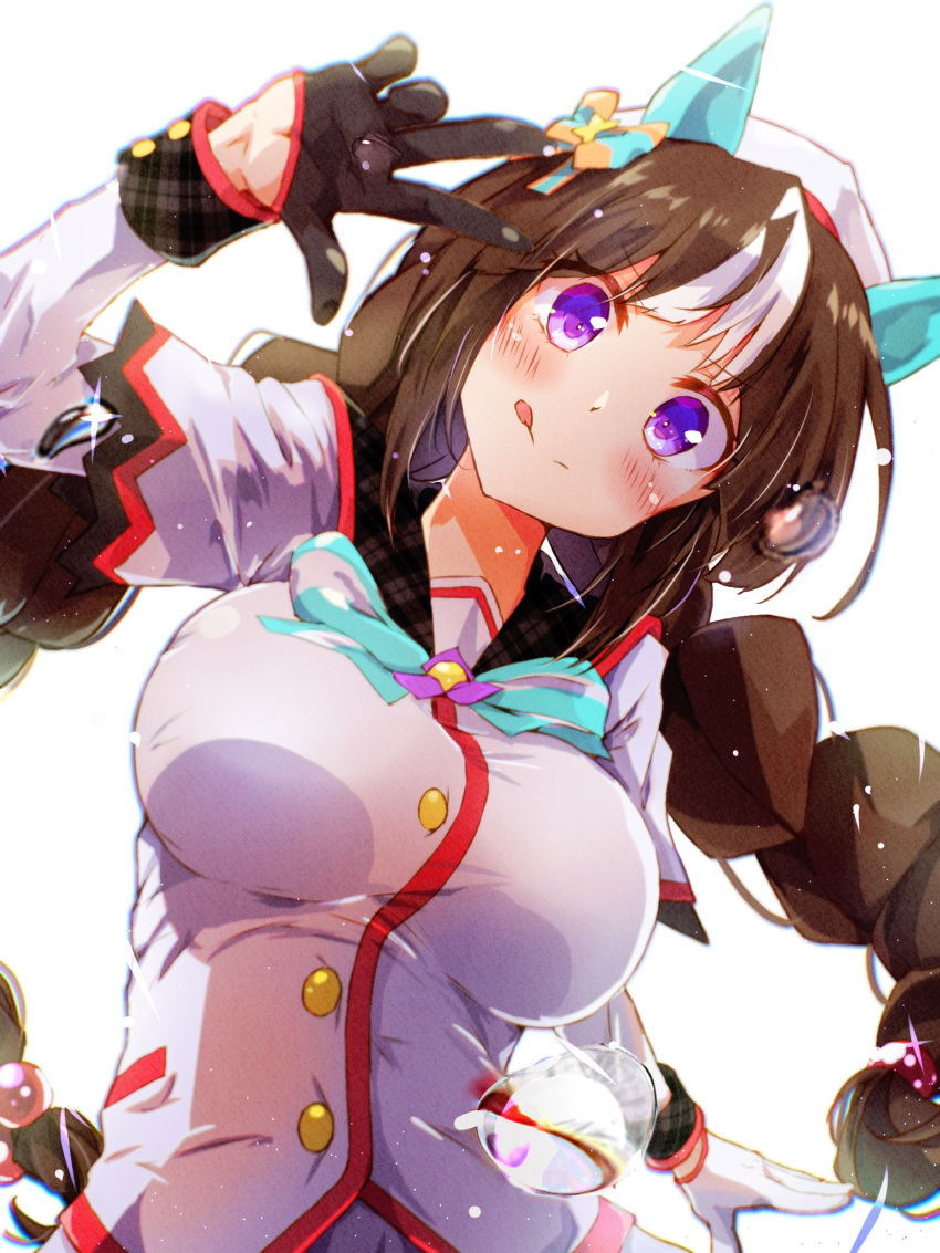1girl :q animal_ears arm_up beret black_gloves blush bow braid breasts brown_hair closed_mouth commentary_request gloves grey_sailor_collar hair_bobbles hair_ornament half_gloves hat highres hokko_tarumae_(umamusume) horse_ears long_hair long_sleeves looking_at_viewer low_twintails medium_breasts multicolored_hair plaid plaid_sailor_collar purple_eyes rinrin_(927413) sailor_collar shirt simple_background smile solo star_(symbol) star_hair_ornament streaked_hair striped striped_bow tongue tongue_out twin_braids twintails umamusume v-shaped_eyebrows very_long_hair water_drop white_background white_hair white_headwear white_shirt