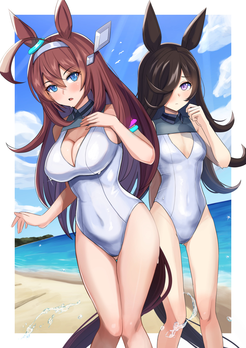 2girls absurdres ahoge alternate_costume animal_ears ass_visible_through_thighs beach blue_eyes blue_sky blush border breasts brown_hair caitlyn0104 cleavage closed_mouth cloud cloudy_sky cowboy_shot ear_ornament hair_between_eyes hair_ornament hair_over_one_eye highres horse_ears horse_girl horse_tail large_breasts long_hair mihono_bourbon_(umamusume) multiple_girls no_headwear ocean one-piece_swimsuit open_mouth outdoors parted_lips purple_eyes rice_shower_(umamusume) sand sky small_breasts swimsuit tail umamusume very_long_hair white_border white_one-piece_swimsuit