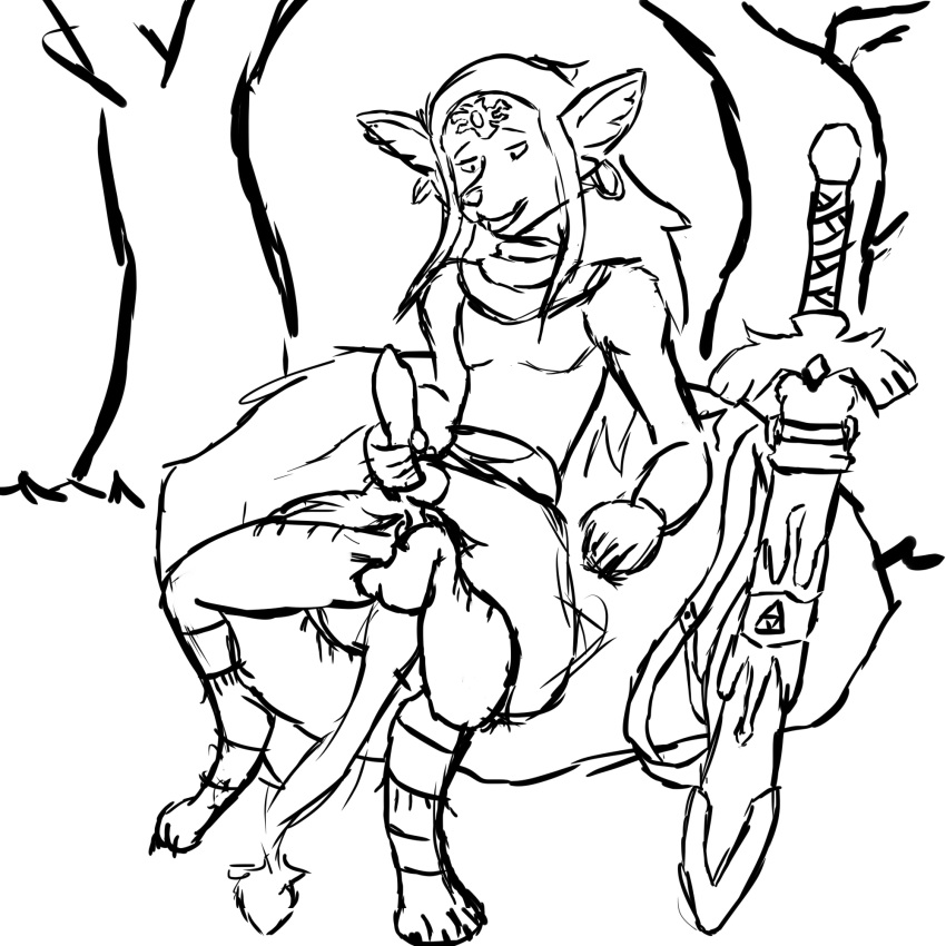 ancient_hero_(the_legend_of_zelda) ancient_heros_aspect_(totk) anthro bottomwear canid canine chelfox clothing ear_piercing ear_ring hi_res knot male mammal master_sword masturbation melee_weapon piercing ring_piercing sketch skirt solo sword unfinished weapon winteranimosus zonai