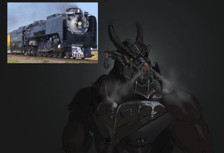 alco anthro black_background black_body black_scales clothed clothing dragon ear_piercing facial_piercing handles hi_res horn how_to_dragon_your_train hybrid jewelry lip_piercing living_machine living_train living_vehicle locomorph locomotive machine male metallic_body muscular nipple_piercing nipples nose_piercing orange_sclera photo piercing plated_scales reptile scales scalie simple_background solo steam_from_nostrils steam_locomotive sxin110735 teeth topless topless_male train union_pacific_fef union_pacific_railroad vehicle