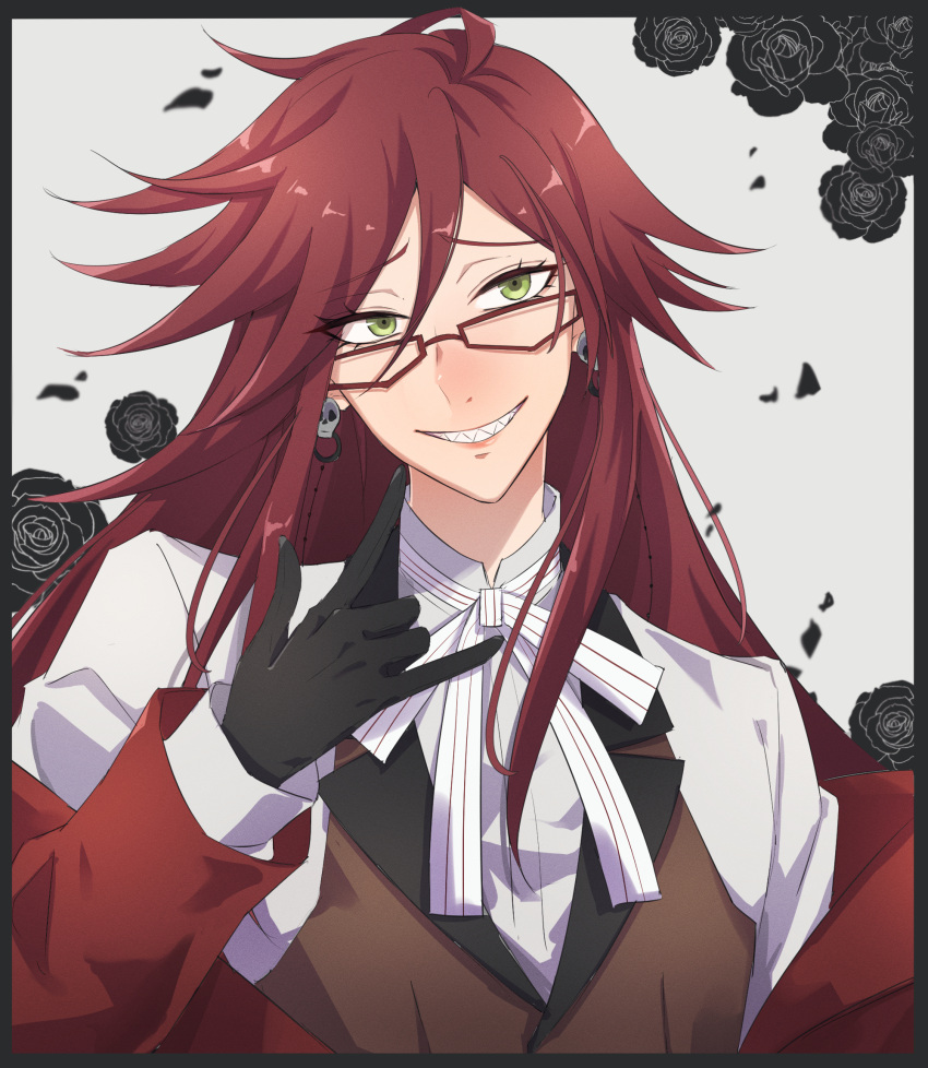 1boy bishounen black_flower black_gloves brown_hair brown_vest earrings flower glasses gloves green_eyes grell_sutcliff hair_between_eyes highres jewelry kuroshitsuji long_hair long_sleeves looking_at_viewer male_focus ozu_babucyan sharp_teeth skull_earrings smile solo teeth upper_body vest