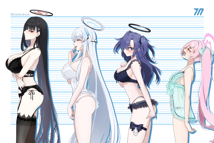 4girls arm_under_breasts ass black_bra black_garter_belt black_hair black_panties black_thighhighs blue_archive blue_eyes bra breast_envy breasts camisole character_request closed_eyes copyright_name from_side garter_belt halo height_chart highres large_breasts lingerie medium_breasts multiple_girls noa_(blue_archive) open_mouth panties parted_lips pink_hair purple_hair red_eyes rio_(blue_archive) seminar_(blue_archive) small_breasts thighhighs underwear underwear_only white_camisole white_hair yoru0409 yuuka_(blue_archive)