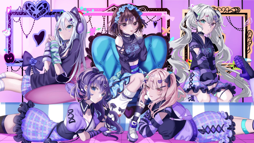5girls animal_ears aoitenziku black_thighhighs brown_hair chair commentary fake_animal_ears frilled_hairband frills gothic hairband highres lying multicolored_background multicolored_eyes multiple_girls on_stomach picture_frame pillow pink_hair project_sekai purple_hair thighhighs white_hair
