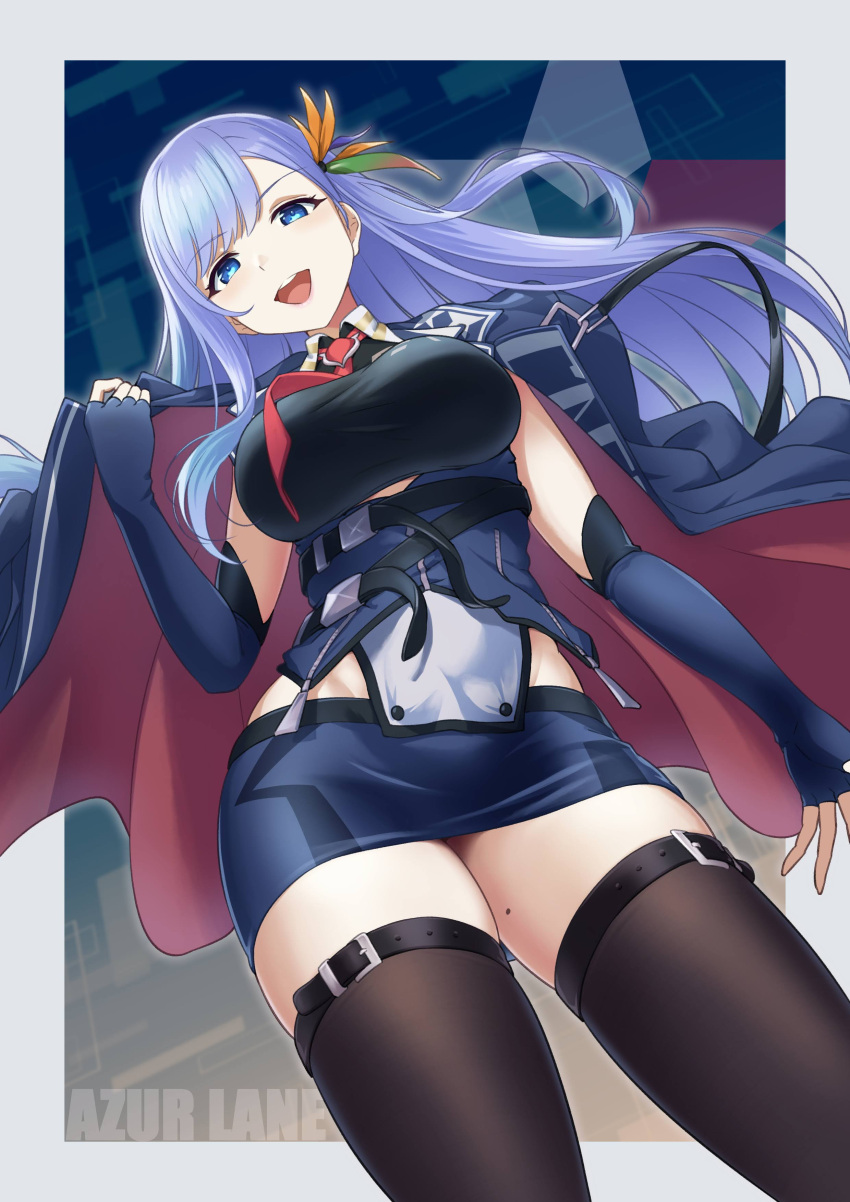 1girl absurdres azur_lane bird_of_paradise_flower blue_eyes blue_hair breasts coat collar elbow_gloves flower girugiru_(tektonics6588) gloves highres large_breasts long_hair looking_at_viewer looking_down miniskirt mole naughty_face necktie open_clothes open_coat open_mouth red_necktie simple_background skirt sleeveless smile solo thigh_strap thighhighs ticonderoga_(azur_lane)