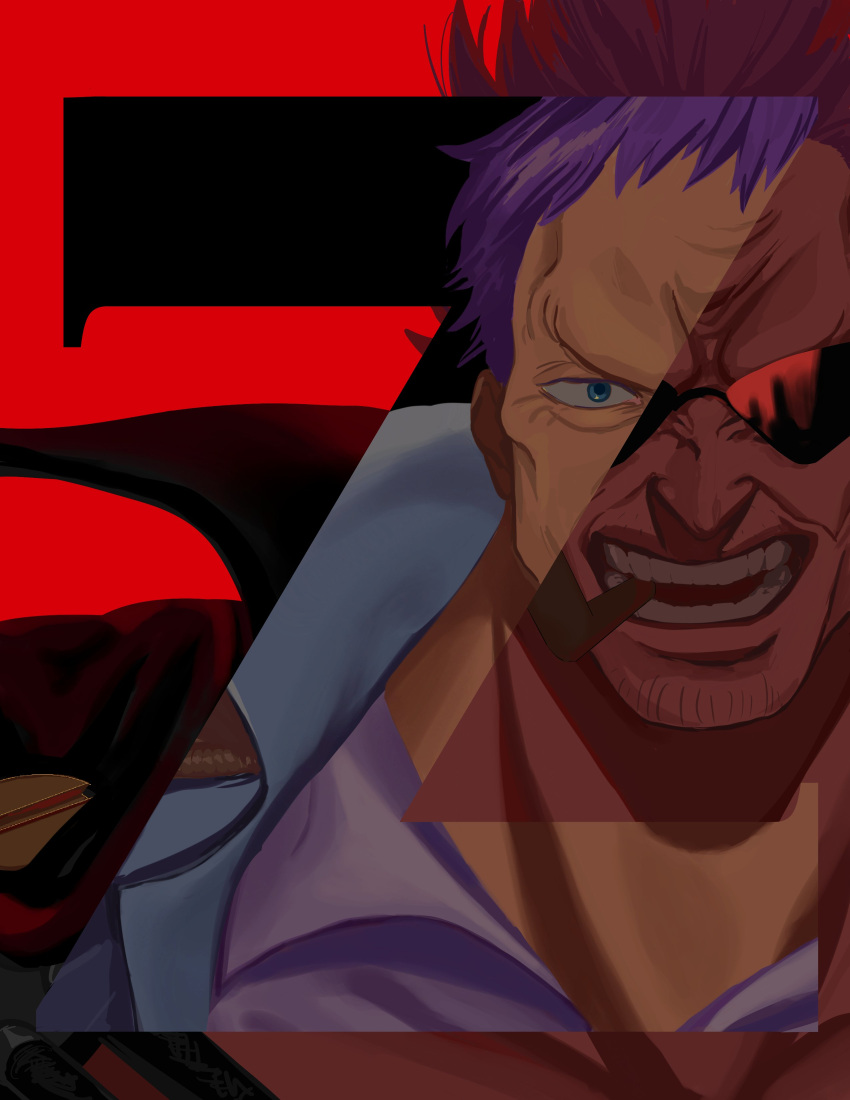 1boy absurdres character_name facial_hair highres looking_at_viewer one_piece one_piece_film:_z open_mouth pipe_in_mouth purple_hair red_background short_hair smile smoking smoking_pipe solo solo_focus sunglasses teeth yao_yasan zephyr_(one_piece)