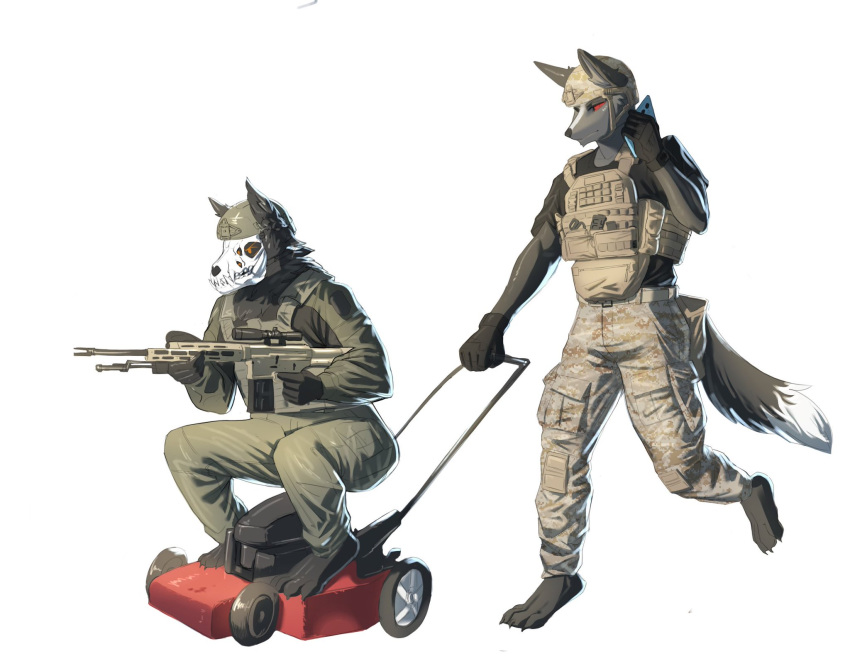 2023 accessory american_mythology anonymous_artist anthro armor bone bulletproof_vest canid canine canis clothed clothing crouching digital_drawing_(artwork) digital_media_(artwork) digitigrade dire_wolf duo female fluffy fur gun headgear helmet hi_res hissukka holding_object holding_weapon indigenous_north_american_mythology john_doe_(john) lawn_mower male male/female mammal meme monster multi_eye mythology north_american_mythology orange_eyes paws phone ranged_weapon red_eyes shaded simple_background skull skull_head tactical_gear tail tuft weapon wendigo wolf