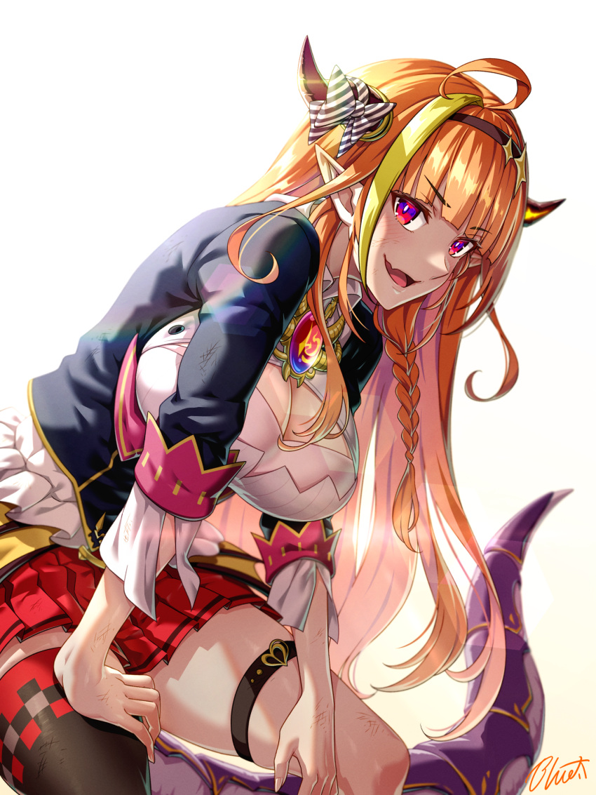 1girl backlighting bent_over blonde_hair blunt_bangs bow braid breasts brown_hairband buru-dai cleavage cleavage_cutout clothing_cutout commentary_request diagonal-striped_bow dragon_girl dragon_horns dragon_tail fang hairband highres hololive horn_bow horn_ornament horns kiryu_coco large_breasts miniskirt multicolored_hair open_mouth orange_hair pleated_skirt pointy_ears purple_eyes red_skirt side_braid signature single_thighhigh skin_fang skirt smile solo squatting streaked_hair tail thigh_strap thighhighs two-tone_hair virtual_youtuber