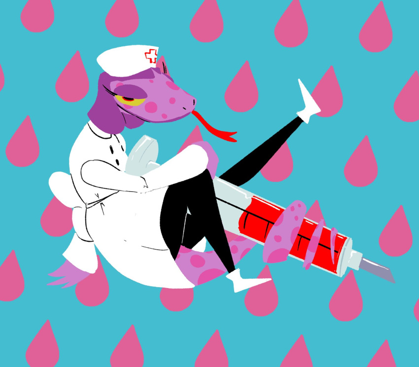 anthro blood bodily_fluids catherine_(gregory_horror_show) clothing female forked_tongue gglloooopp hat headgear headwear hi_res lizard looking_at_viewer nurse nurse_clothing nurse_headwear purple_body reptile scalie solo syringe tongue tongue_out yellow_sclera