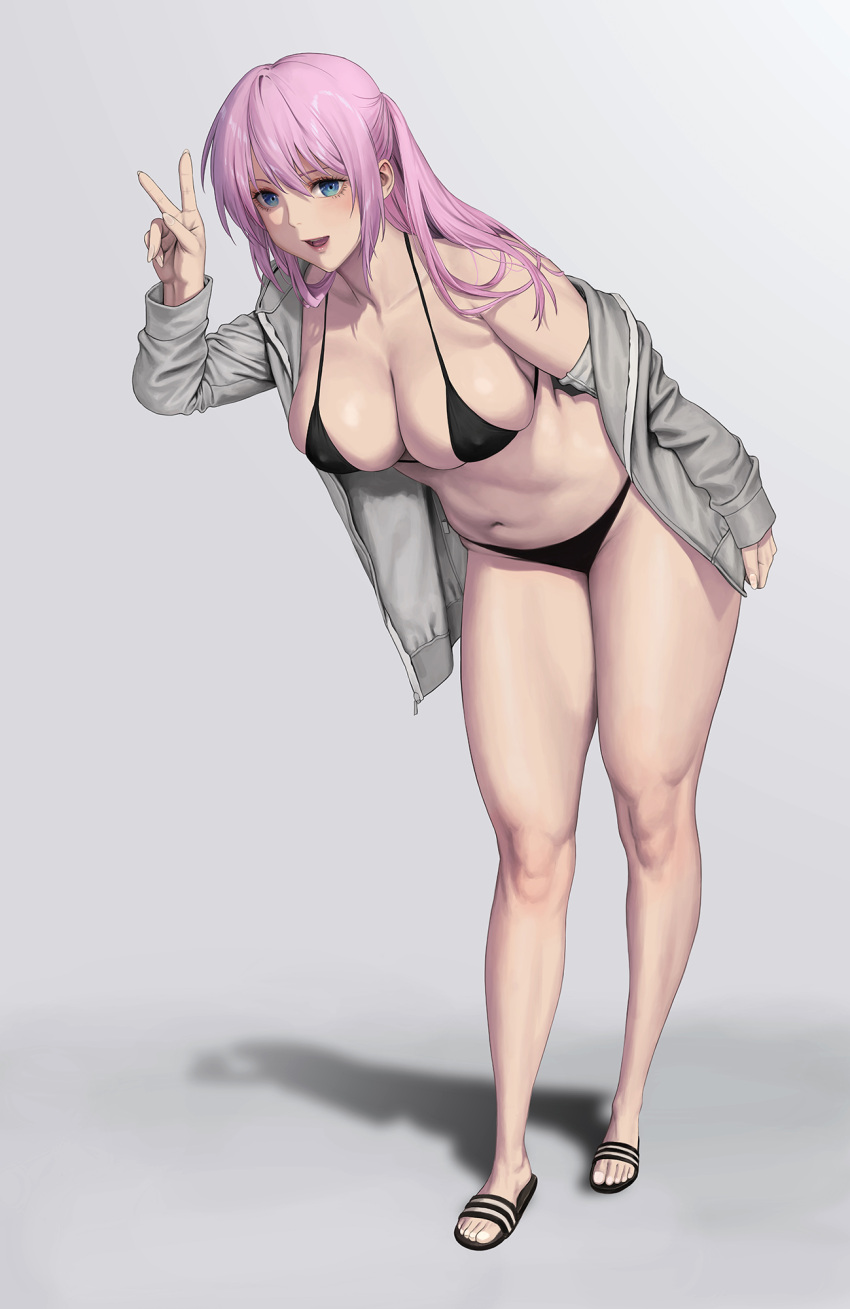 1girl bikini black_bikini blue_eyes breasts cleavage collarbone full_body grey_background grey_jacket highres jacket jeneral kawaii_dake_ja_nai_shikimori-san large_breasts leaning_forward long_hair looking_at_viewer navel open_clothes open_jacket open_mouth pink_hair sandals shikimori_(kawaii_dake_ja_nai) simple_background single_bare_shoulder solo swimsuit thighs v