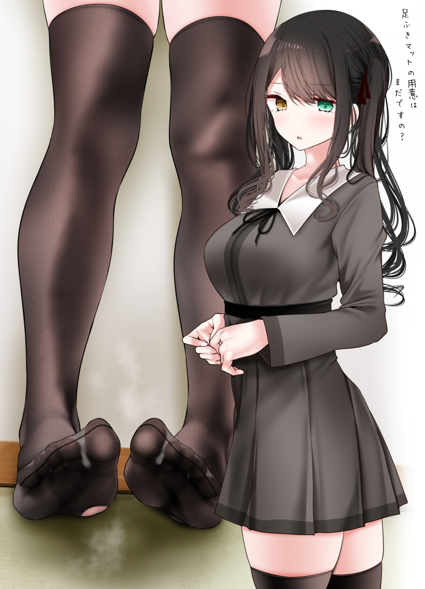1girl black_dress black_hair black_ribbon black_thighhighs blush braid breasts dress feet green_eyes heterochromia highres large_breasts legs long_hair looking_at_viewer multiple_views no_shoes oouso original parted_lips pleated_dress ribbon see-through see-through_legwear skindentation smell soles standing thighhighs thighs toes torn_clothes torn_thighhighs translation_request yellow_eyes