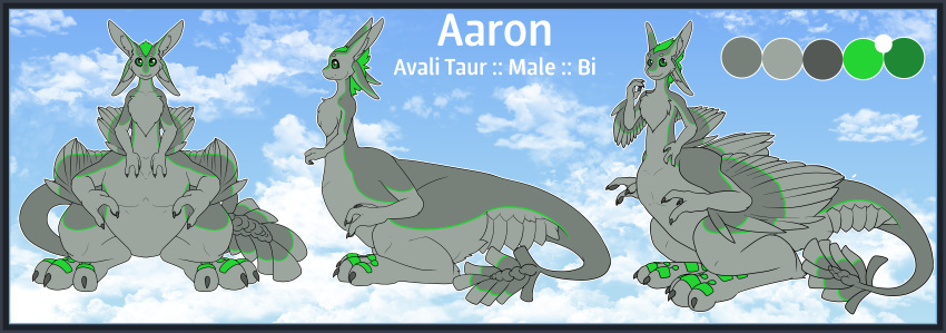 2023 3_fingers 3_toes 4_ears aaron_(avali) absurd_res avali avali_taur avian avian_taur big_feet biped biped_taur blue_border border character_name claws cloud cloudscape color_swatch digital_drawing_(artwork) digital_media_(artwork) digitigrade english_text feather_tuft feathered_wings feathers featureless_crotch feet fingers flat_colors front_view gender_name green_body green_eyes green_feathers green_scutes grey_body grey_claws grey_feathers grey_head grey_pawpads grey_sclera grey_wings hi_res long_ears long_neck male male_(lore) model_sheet multi_ear nude outline pawpads portrait side_view sitting sky sky_background small_upper_body solo species_name stated_bisexuality stated_sexuality tail taur taurification taurified text thecatherd three-quarter_view toes tuft white_outline winged_arms wings zillyhoo