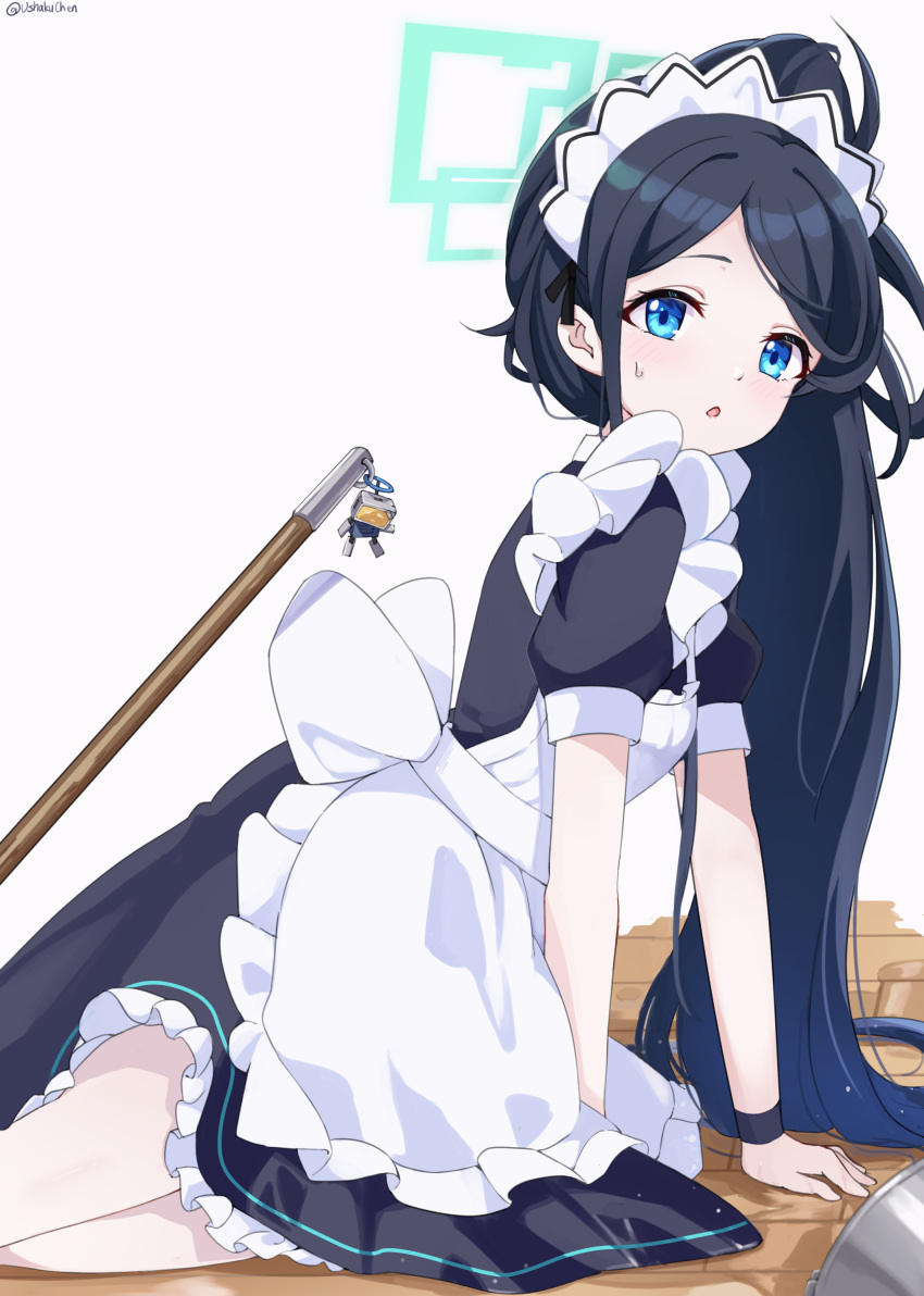 &lt;key&gt;_(robot)_(blue_archive) 1girl absurdres apron aris_(blue_archive) aris_(maid)_(blue_archive) arm_support black_hair blue_archive blue_eyes bucket commentary feza_chen_(ushaku) forehead frilled_apron frills halo highres long_hair looking_at_viewer maid maid_apron maid_headdress official_alternate_costume parted_bangs revision short_sleeves side_ponytail sidelocks simple_background solo stick tripped water wet wet_clothes white_apron wooden_floor