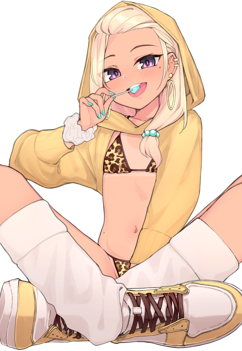 1girl absurdres animal_print aqua_nails bad_id bad_twitter_id bikini bikini_tan blonde_hair breasts candy crossed_legs dot_nose ear_piercing earrings eating eyelashes food forehead gradient_hair gyaru hair_ornament hair_scrunchie highres holding holding_candy holding_food holding_lollipop hood hoodie hoop_earrings inactive_account indian_style jewelry laces large_areolae leopard_print lollipop long_sleeves looking_at_viewer mole mole_on_stomach mole_under_eye multicolored_hair nail_polish navel nona_(yeun) open_clothes open_hoodie open_mouth original piercing print_bikini purple_eyes scrunchie sitting small_breasts smile socks stud_earrings swimsuit tan tanlines teeth thighs upper_teeth_only white_background white_socks yeun