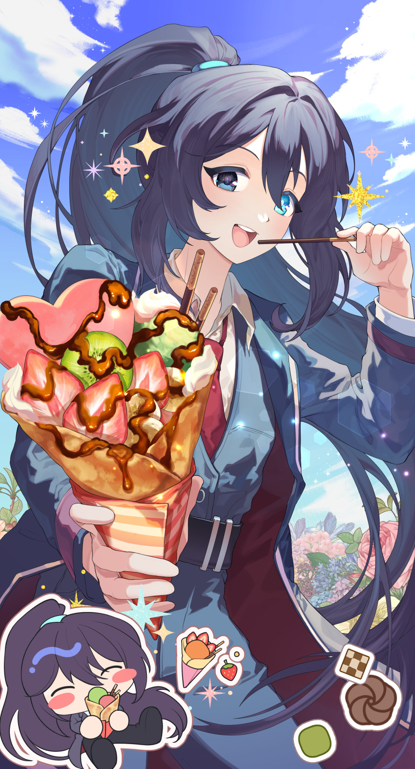 1boy absurdres black_coat black_eyes black_pants black_vest blue_eyes blue_hair blue_sky chibi coat collared_shirt commentary crepe flower food fruit heterochromia high_ponytail highres holding holding_food hong_lu_(limbus_company) ice_cream kiwi_(fruit) kiwi_slice limbus_company long_hair long_sleeves looking_at_viewer male_focus necktie open_mouth pants pikett_iv pocky project_moon red_necktie shirt sidelocks sky smile solo sparkle sticker strawberry very_long_hair vest white_shirt
