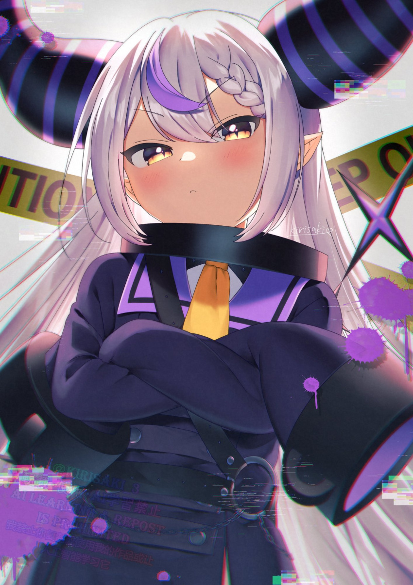 1girl ahoge black_horns braid braided_bangs collar crossed_arms glitch grey_hair highres hololive horns kirisaki_shuusei la+_darknesss la+_darknesss_(1st_costume) long_hair metal_collar multicolored_hair pointy_ears purple_hair sleeves_past_fingers sleeves_past_wrists streaked_hair striped_horns virtual_youtuber yellow_eyes