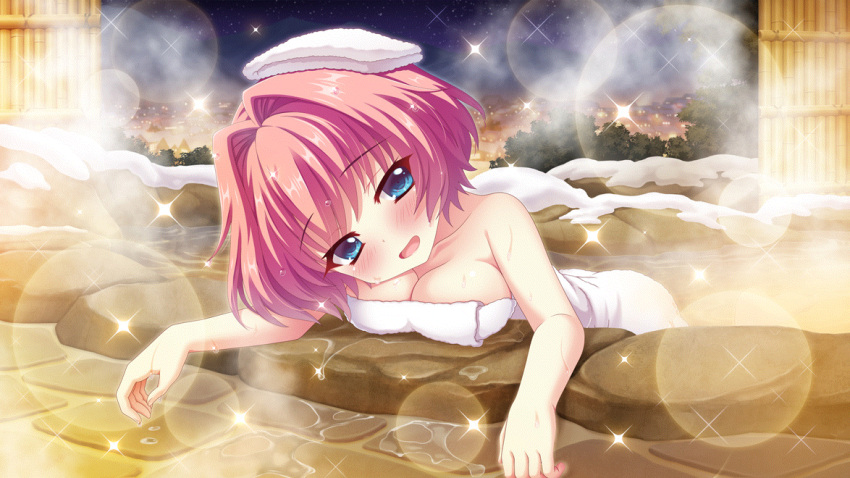 1girl bamboo_fence bathing blue_eyes breasts cleavage collarbone dot_nose fence film_grain game_cg hair_intakes hiiragi_kae izumi_tsubasu large_breasts lens_flare looking_at_viewer mountainous_horizon naked_towel night night_sky non-web_source official_art onsen open_mouth partially_submerged pink_hair re:stage! relaxing short_hair sky smile snow solo sparkle star_(sky) starry_sky steam towel towel_on_head town