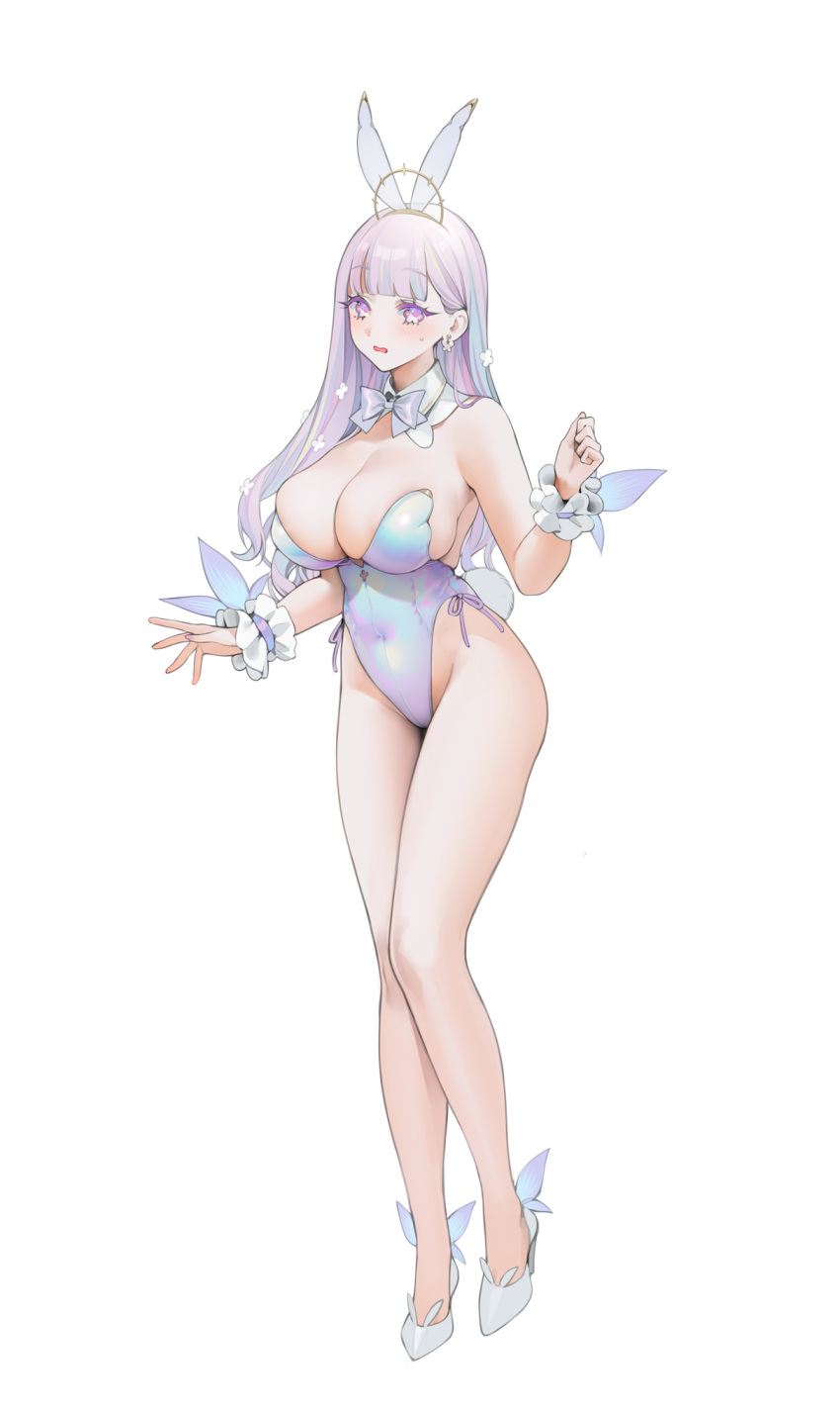 1girl alternate_costume animal_ears azur_lane bare_legs bow bowtie breasts cleavage commentary covered_navel detached_collar earrings embarrassed fake_animal_ears flower flying_sweatdrops frills hair_flower hair_ornament high_heels highleg highleg_leotard highres iridescent jewelry large_breasts lathe leotard light_purple_hair long_hair looking_at_viewer ohisashiburi playboy_bunny plymouth_(azur_lane) purple_eyes rabbit_ears rabbit_tail revision simple_background skin_tight skindentation solo strapless strapless_leotard tail wavy_mouth white_background white_footwear