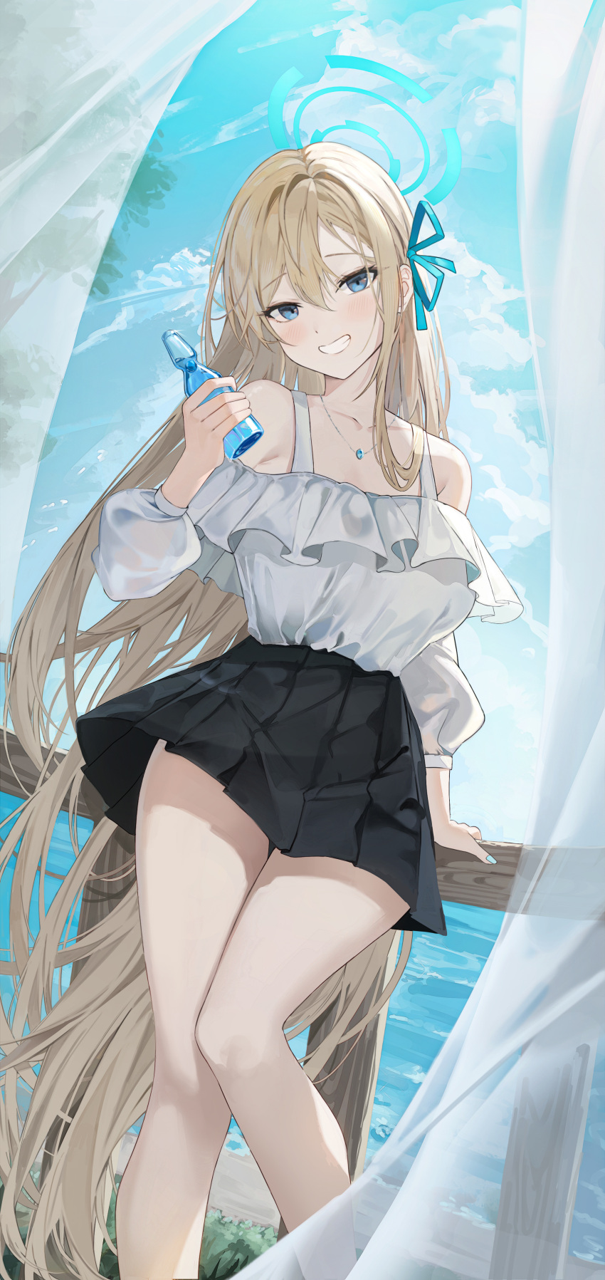 1girl absurdres aqua_ribbon asuna_(blue_archive) black_skirt blue_archive blue_eyes blue_nails blush commentary day hair_between_eyes hair_ribbon halo highres holding jewelry k.j. light_brown_hair long_hair long_sleeves looking_at_viewer miniskirt necklace off-shoulder_shirt off_shoulder outdoors pleated_skirt ribbon shirt shirt_tucked_in skirt smile solo teeth very_long_hair white_shirt