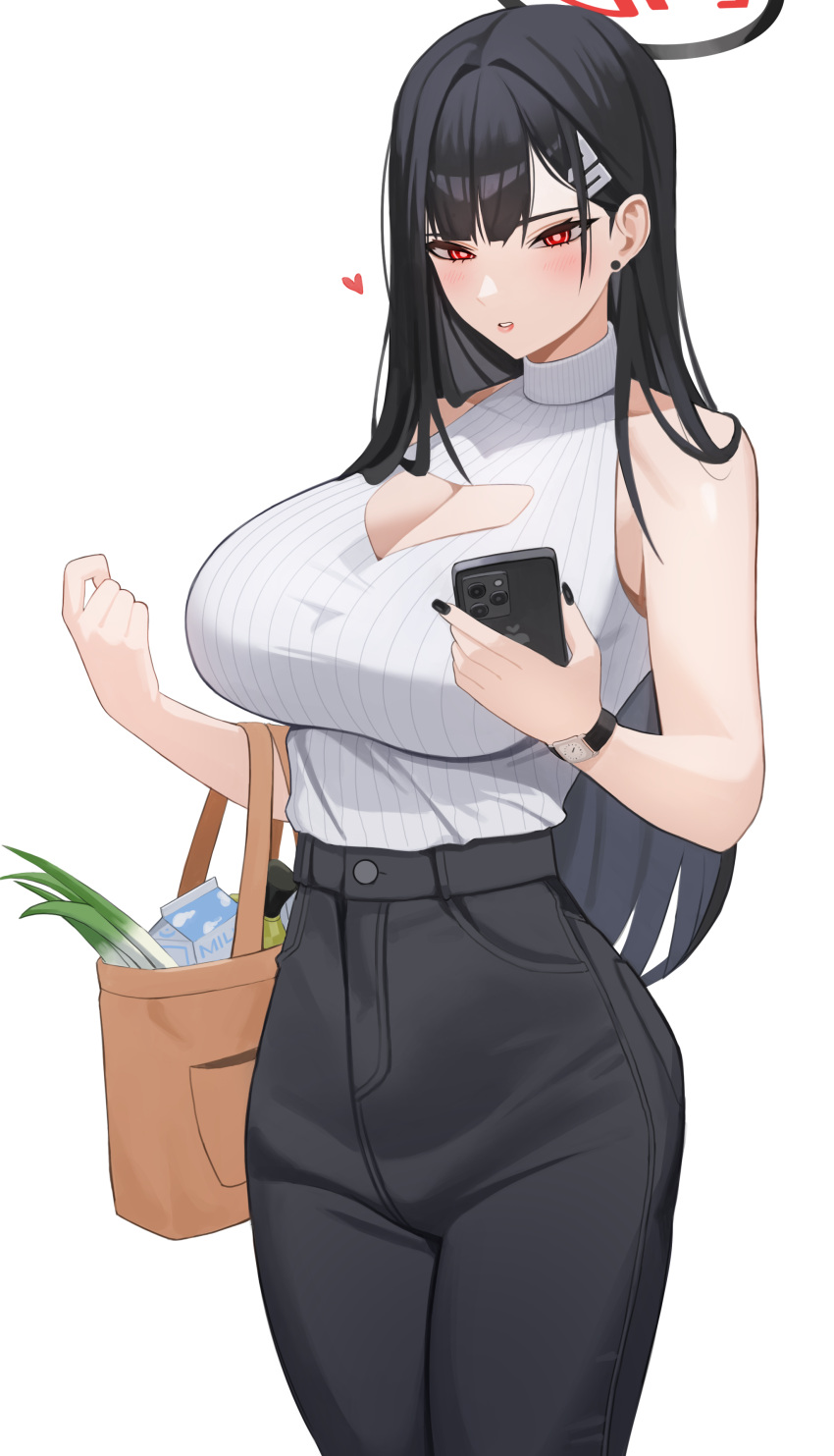 1girl absurdres black_hair black_pants blue_archive blush breasts bright_pupils cellphone cleavage cleavage_cutout clothing_cutout cowboy_shot ddog food hair_ornament hairpin halo heart highres holding holding_phone large_breasts long_hair milk_carton pants parted_lips phone red_eyes ribbed_sweater rio_(blue_archive) simple_background sleeveless sleeveless_sweater smartphone solo spring_onion sweater vegetable watch white_background white_pupils white_sweater wristwatch