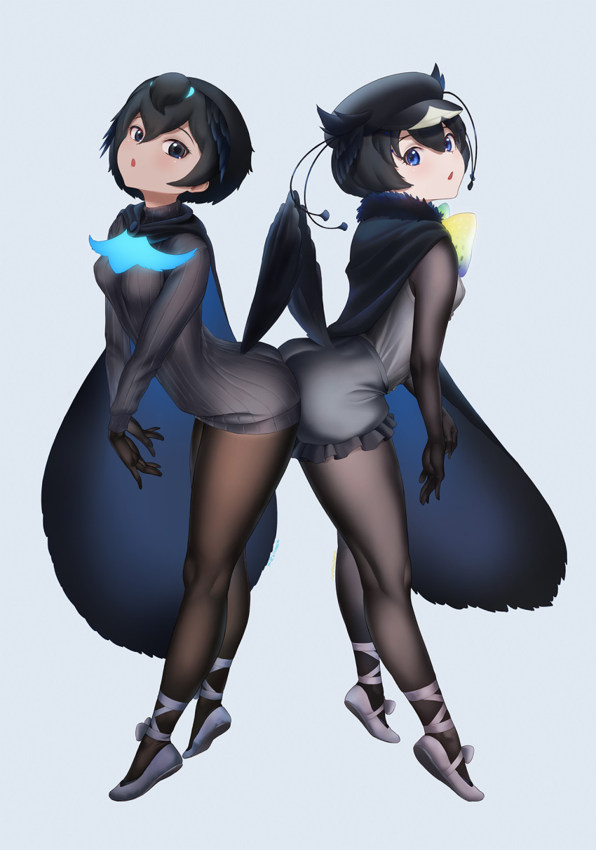 2girls :o ballet_slippers beleven bird_girl bird_tail bird_wings black_cape black_gloves black_hair black_headwear black_pantyhose black_shirt black_shorts black_sweater blue_eyes blue_footwear bow bowtie cabbie_hat cape dress frilled_shorts frills gloves hat head_wings highres kemono_friends kemono_friends_3 long_sleeves looking_at_viewer multiple_girls pantyhose shirt short_hair shorts sleeveless superb_bird-of-paradise_(kemono_friends) sweater sweater_dress tail western_parotia_(kemono_friends) white_footwear wings yellow_bow yellow_bowtie