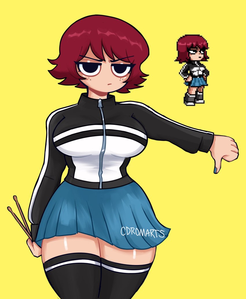 1girl artist_name black_eyes black_jacket black_thighhighs blue_nails blue_skirt breasts cdromarts drumsticks freckles frown highres holding holding_drumsticks jacket kim_pine medium_breasts no_pupils pleated_skirt red_hair reference_inset scott_pilgrim short_hair skirt solo thighhighs thumbs_down v-shaped_eyebrows yellow_background