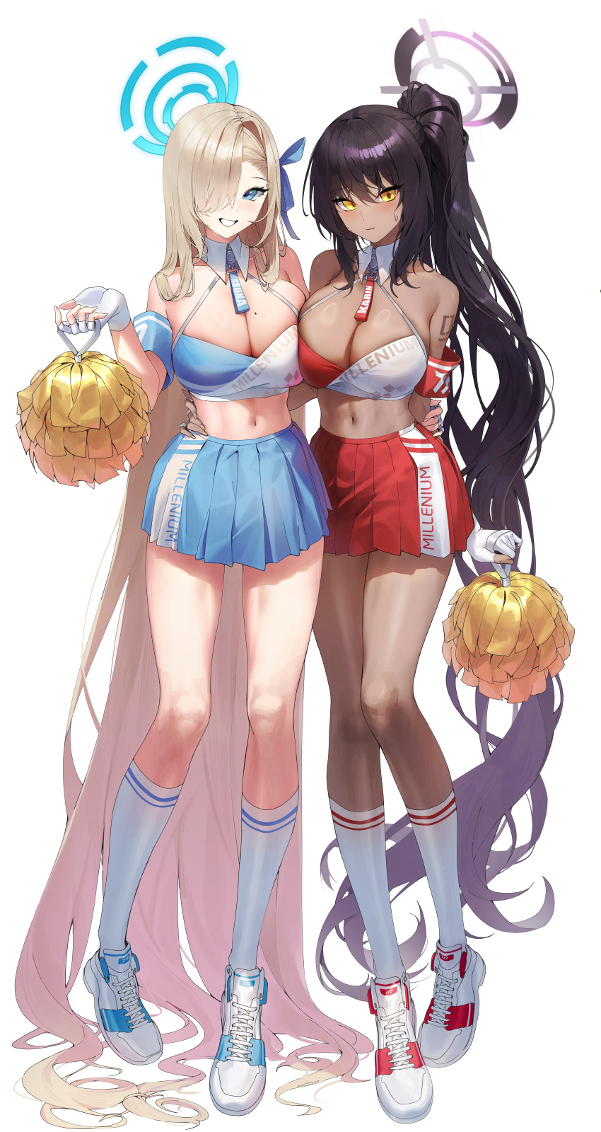 2girls absurdly_long_hair absurdres armband asuna_(blue_archive) bare_shoulders black_hair blonde_hair blue_archive blue_eyes blue_skirt blush breast_press breasts character_name cheerleader cleavage cosplay crop_top dark-skinned_female dark_skin detached_collar gloves grin hair_over_one_eye halo halterneck hibiki_(blue_archive) hibiki_(blue_archive)_(cosplay) hibiki_(cheerleader)_(blue_archive) highres holding holding_pom_poms karin_(blue_archive) kneehighs large_breasts long_hair looking_at_viewer midriff miniskirt mole mole_on_breast multiple_girls navel official_alternate_costume partially_fingerless_gloves pleated_skirt pom_pom_(cheerleading) ponytail red_skirt sbgu shirt shoes skirt sleeveless sleeveless_shirt smile sneakers socks spaghetti_strap standing stomach sweat swept_bangs symmetrical_docking thighs two-tone_shirt very_long_hair white_background white_shirt white_socks wing_collar yellow_eyes