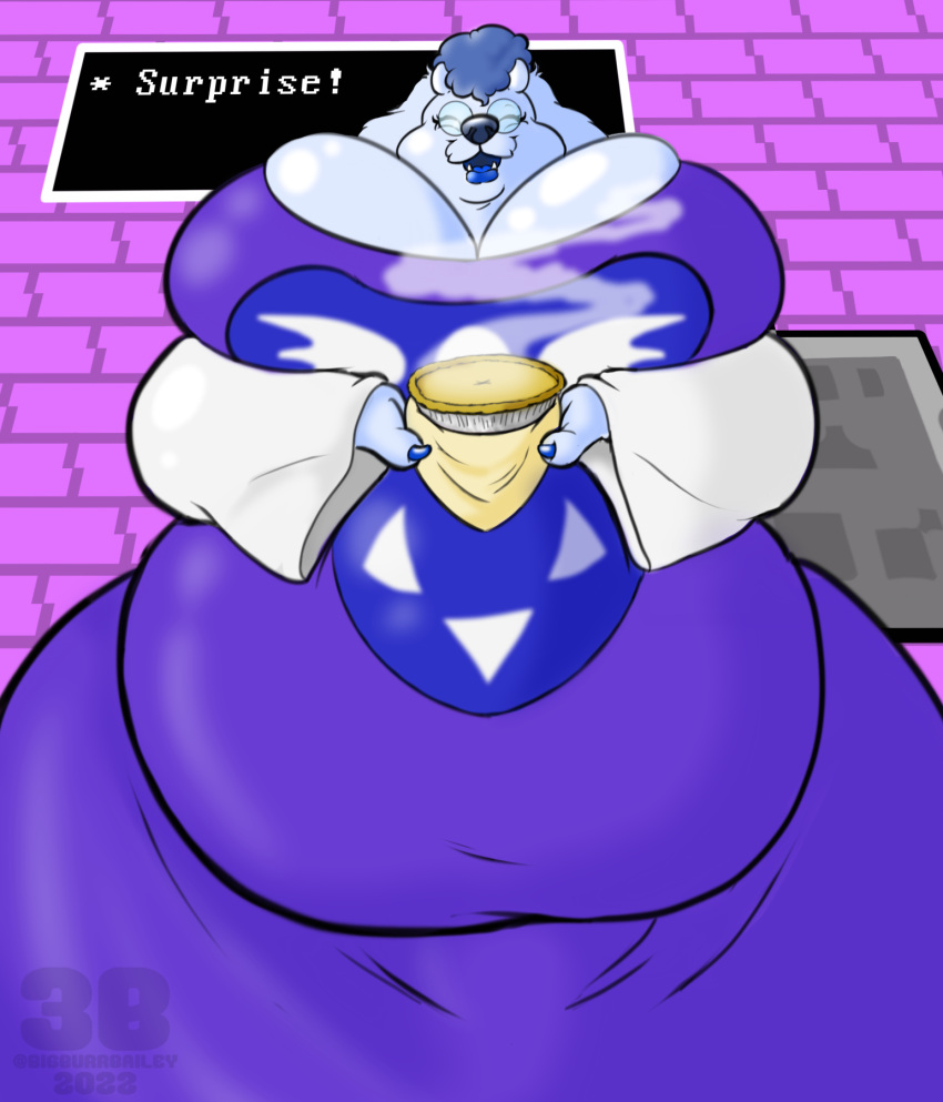 bailey_(bigburrbailey) bear belly big_belly big_breasts bigburrbailey breasts clothing colored_nails cosplay costume eyewear female food glasses grey_hair hair hi_res horn lipstick makeup mammal nails nonbinary_(lore) overweight polar_bear slightly_chubby solo speech_bubble thick_thighs toriel trans_(lore) trans_woman_(lore) undertale_(series) ursine