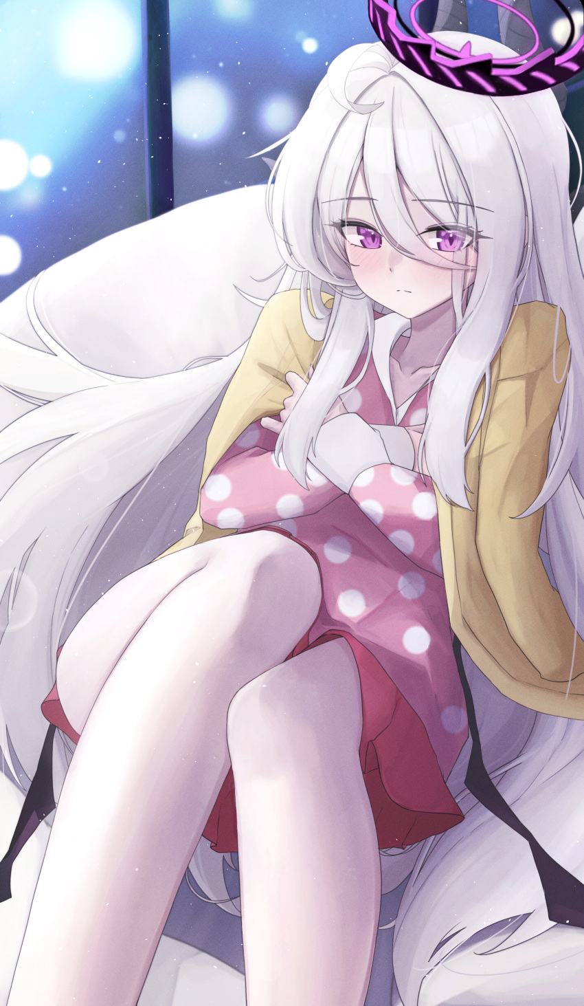 1girl absurdres black_horns black_wings blue_archive blush closed_mouth collarbone demon_horns demon_wings feet_out_of_frame halo highres hina_(blue_archive) horns long_hair long_sleeves looking_at_viewer mofu07519 pajamas pink_pajamas polka_dot polka_dot_pajamas purple_eyes solo very_long_hair white_hair wings