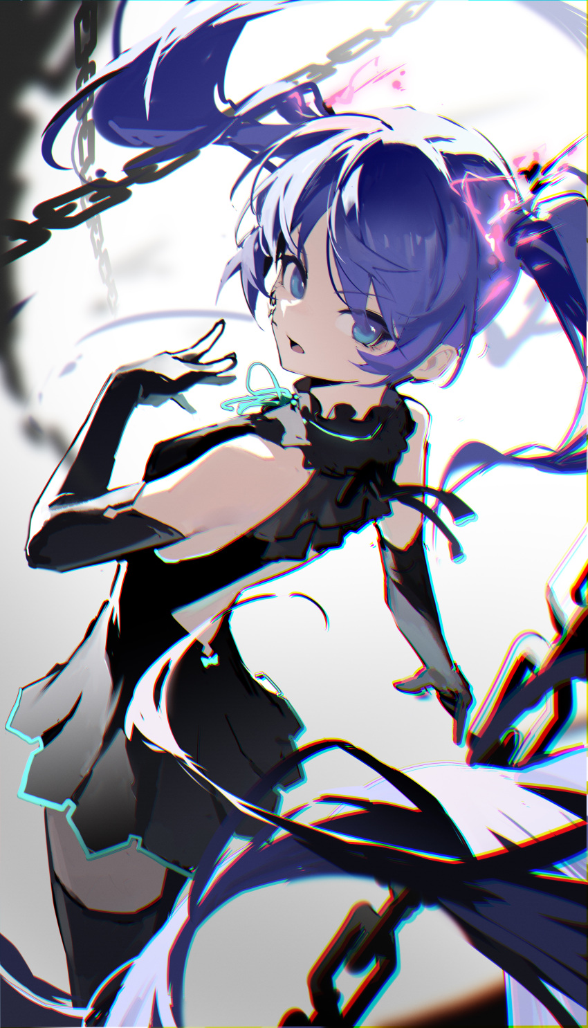 1girl absurdres back_cutout black_dress black_gloves black_thighhighs blue_eyes blue_hair blue_ribbon chain chromatic_aberration clothing_cutout commentary dress elbow_gloves floating_hair ghost_rule_(vocaloid) gloves hatsune_miku highres jiu_ye_sang long_hair looking_at_viewer looking_back neck_ribbon open_mouth pleated_dress ribbon short_dress sleeveless sleeveless_dress solo standing thighhighs twintails very_long_hair vocaloid zettai_ryouiki