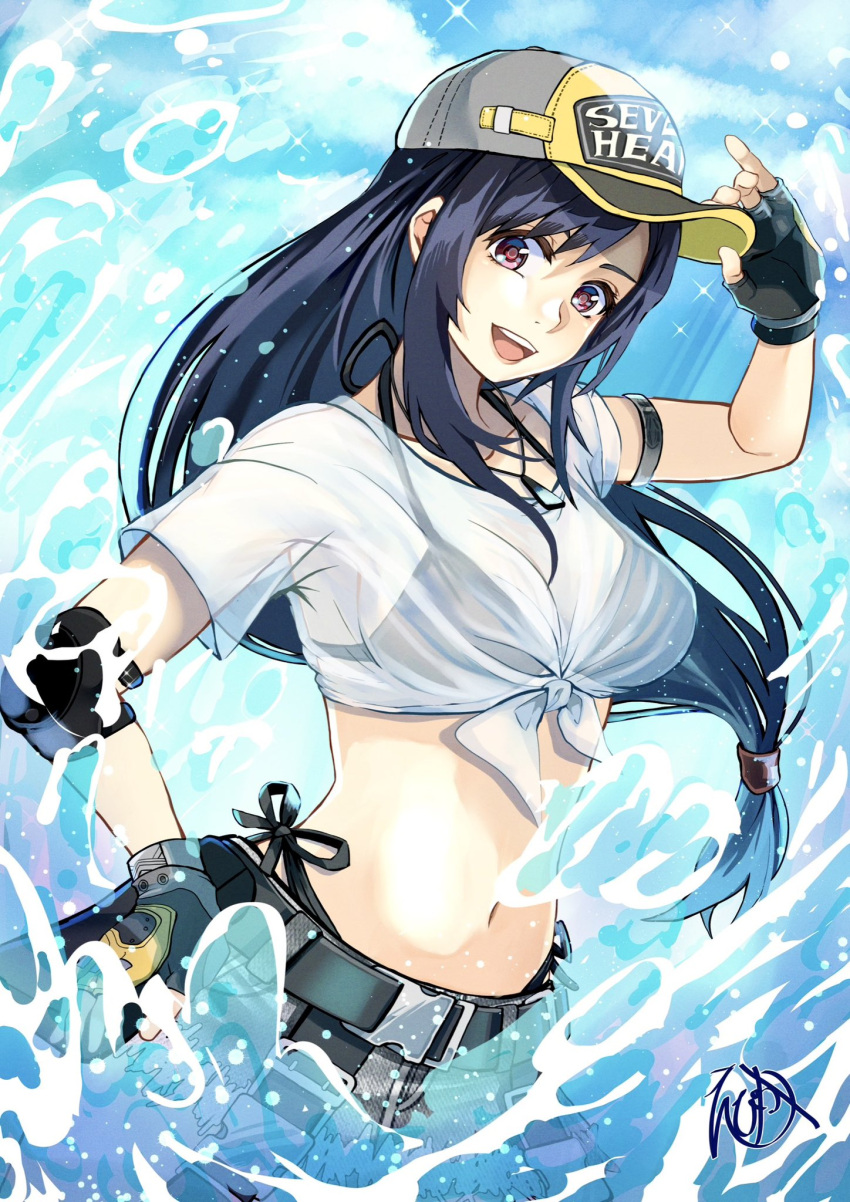 1girl adjusting_clothes adjusting_headwear baseball_cap bikini bikini_under_clothes brown_eyes crop_top elbow_pads epikakh final_fantasy final_fantasy_vii final_fantasy_vii_ever_crisis fingerless_gloves front-tie_top gloves hat highres long_hair looking_at_viewer low-tied_long_hair official_alternate_costume open_mouth see-through see-through_shirt shirt side-tie_bikini_bottom single_elbow_pad solo swimsuit tifa_lockhart tifa_lockhart_(lifeguard) two-tone_headwear water wet wet_clothes wet_shirt whistle whistle_around_neck