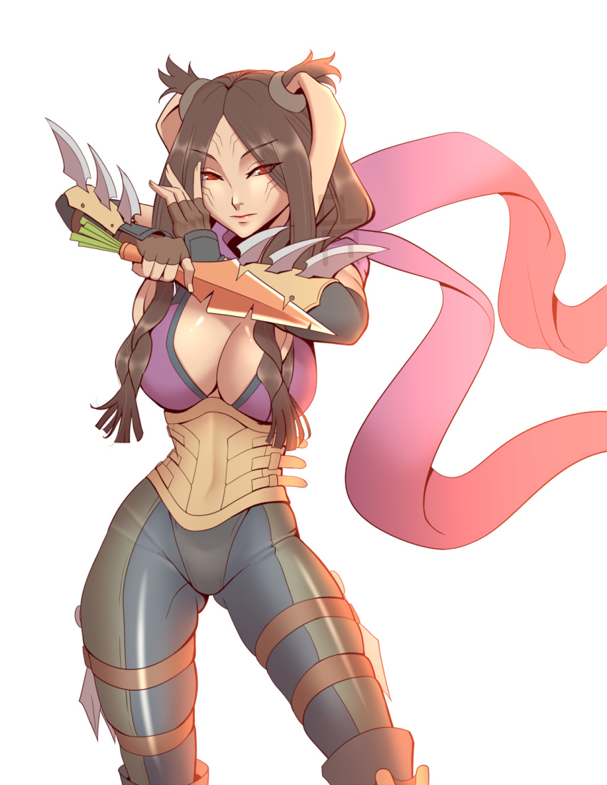 1girl alternate_costume ass_visible_through_thighs breasts brown_hair carrot cleru_(cleruuuuu) fingerless_gloves fire_emblem fire_emblem_awakening gloves highres knife large_breasts long_hair looking_at_viewer panne_(fire_emblem) pants rabbit_girl red_eyes scarf solo twintails weapon