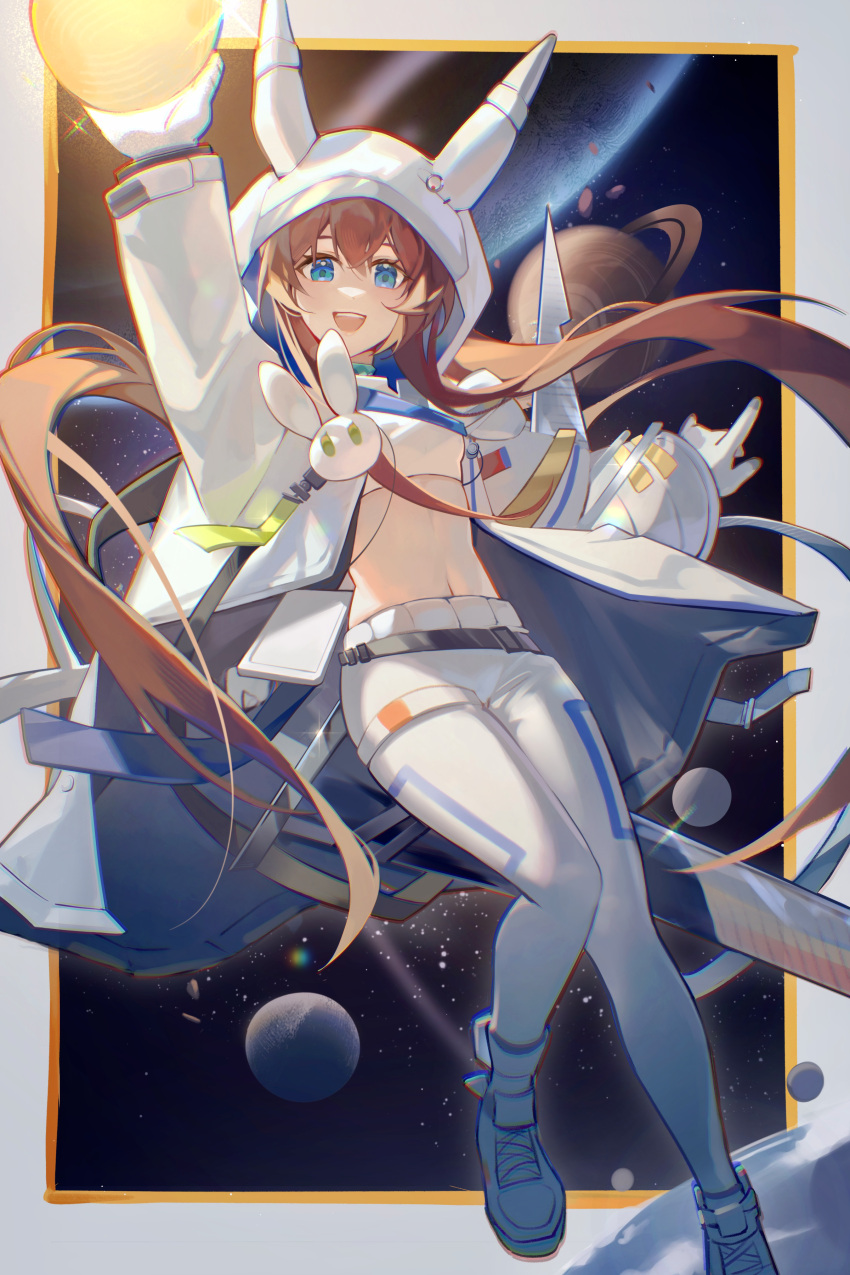 1girl :d absurdres amiya_(arknights) amiya_(guard)_(arknights) amiya_(guard)_(touch_the_stars)_(arknights) amukeer animal_hood arknights blue_eyes blush brown_hair chinese_commentary commentary_request crop_top floating_hair full_body gloves hair_between_eyes highres hood hood_up hooded_jacket jacket long_hair long_sleeves looking_at_viewer midriff navel official_alternate_costume open_clothes open_jacket open_mouth pants planet rabbit_hood shirt shoes smile solo teeth upper_teeth_only very_long_hair white_footwear white_gloves white_jacket white_pants white_shirt