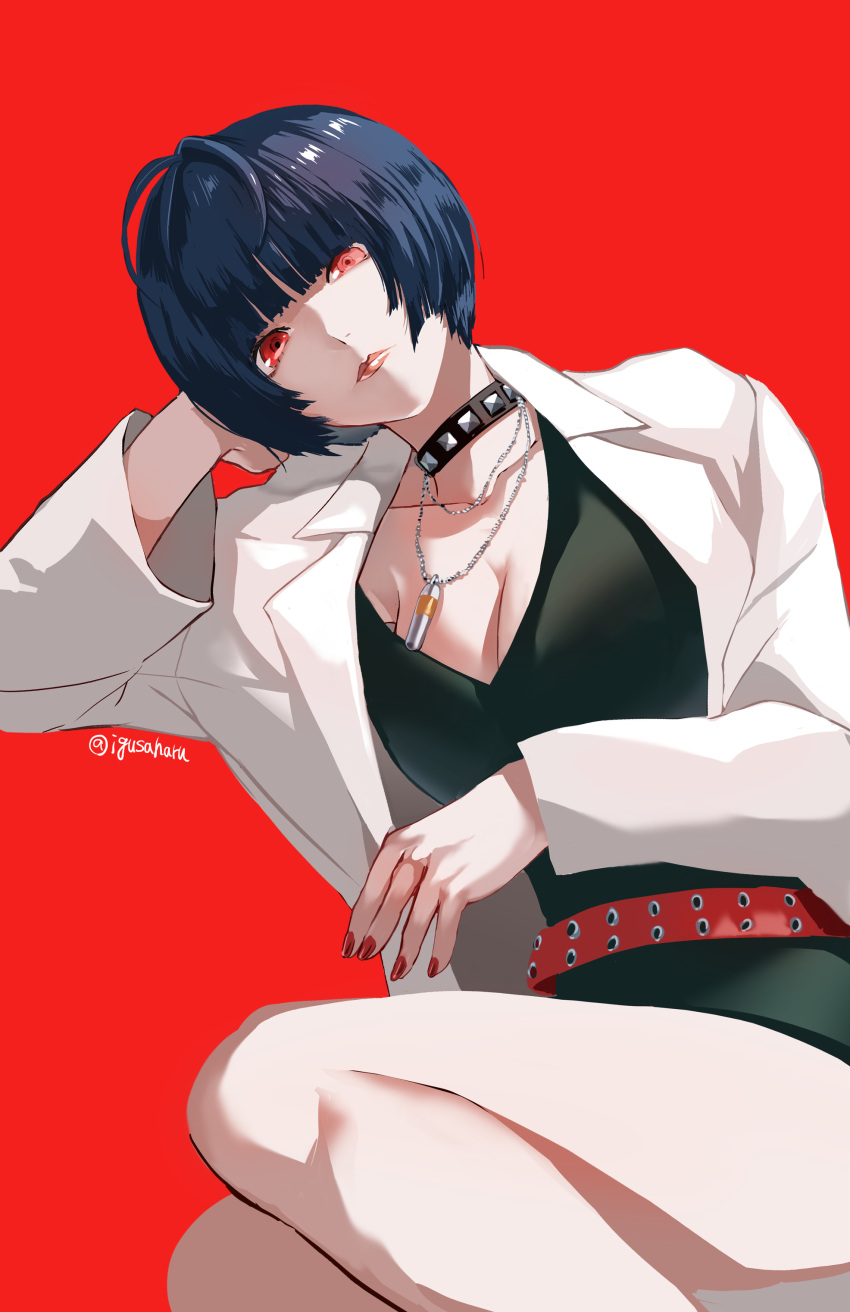 1girl absurdres belt black_collar black_dress black_hair breasts closed_mouth collar dress feet_out_of_frame highres igusaharu lab_coat long_sleeves looking_at_viewer medium_breasts nail_polish open_clothes persona persona_5 red_background red_belt red_eyes red_nails short_hair simple_background sleeves_past_wrists solo studded_collar takemi_tae twitter_username