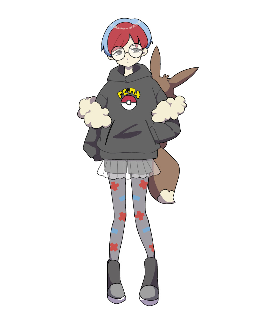 1girl aoharu_(aohr222) backpack bag boots brown_bag closed_mouth commentary_request full_body glasses grey_eyes hand_in_pocket highres hood hoodie multicolored_hair pantyhose penny_(pokemon) poke_ball_print pokemon pokemon_(game) pokemon_sv red_hair round_eyewear see-through see-through_skirt short_hair shorts shorts_under_skirt simple_background skirt solo standing two-tone_hair white_background