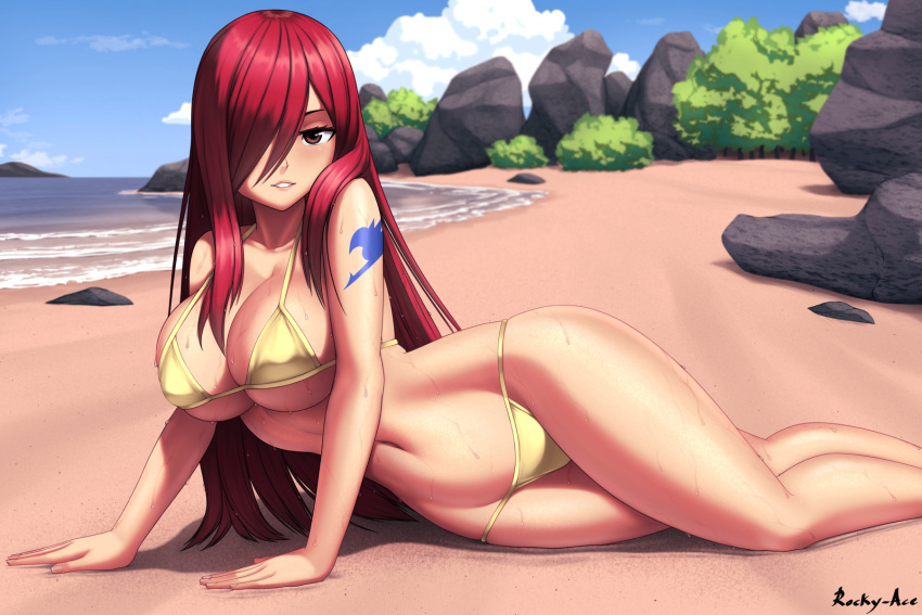 1girl arm_support arm_tattoo artist_name beach bikini blue_sky breasts brown_eyes bush cloud day erza_scarlet fairy_tail feet_out_of_frame gold_bikini hair_over_one_eye highres large_breasts long_hair looking_at_viewer lying navel ocean on_side outdoors parted_lips red_hair rock rocky-ace sand sky solo stomach swimsuit tattoo tree very_long_hair wet