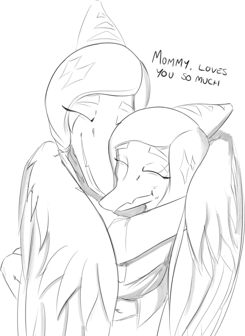 2022 amber_(snoot_game) anthro black_and_white daughter_(lore) dialogue dinosaur duo embrace english_text eyes_closed fang_(gvh) feathered_wings feathers female goodbye_volcano_high hi_res hug monochrome mother_(lore) mother_and_child_(lore) mother_and_daughter_(lore) parent_(lore) parent_and_child_(lore) parent_and_daughter_(lore) pterodactylus pterosaur reptile scalie smile snoot_game_(fan_game) snout text unknown_artist using_wings wholesome wing_hug wings