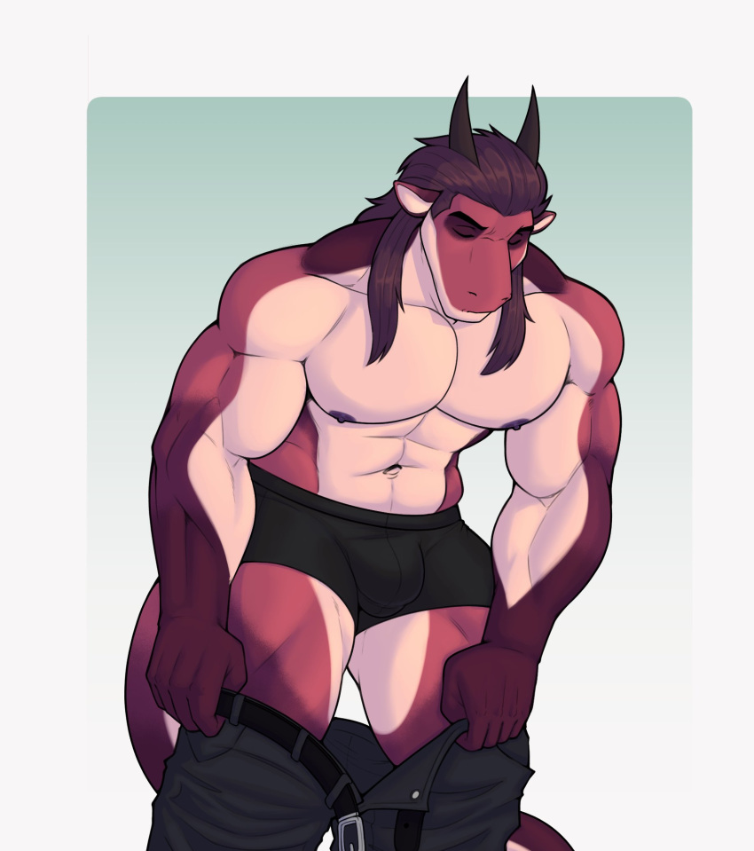 abs ajdrawsnice anthro belt bulge clothed clothing dragon eyes_closed hi_res horn male muscular muscular_male nipples partially_clothed pecs simple_background solo underwear undressing