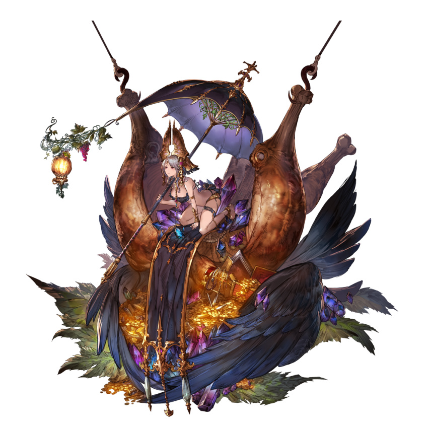 1girl anklet armlet bare_shoulders barefoot bracelet breasts cleavage coin full_body gem gold_coin granblue_fantasy grey_hair hair_ornament holding holding_umbrella jewelry long_hair mammon_(granblue_fantasy) minaba_hideo official_art purple_eyes thighlet third-party_source transparent_background treasure umbrella