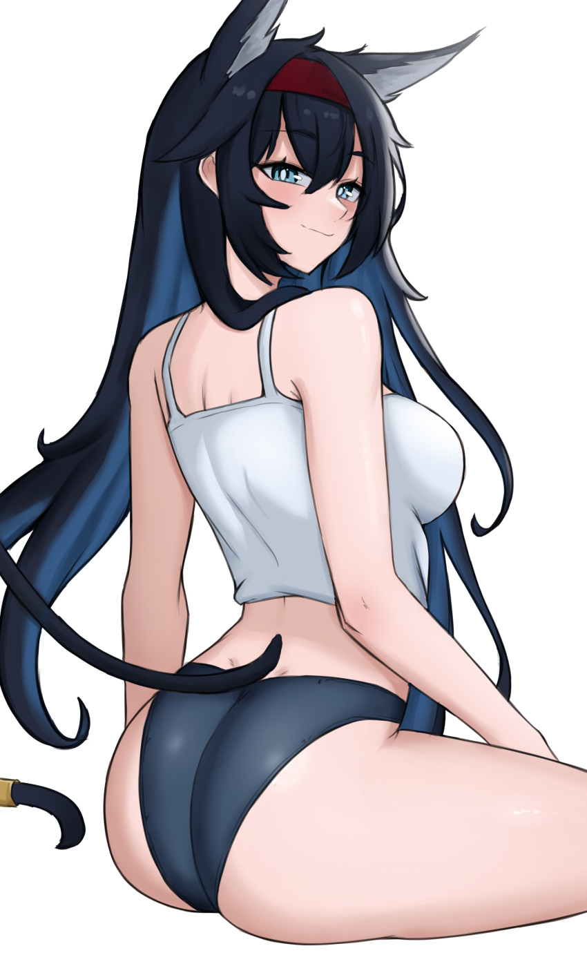 1girl absurdres animal_ears arknights ass bare_arms bare_shoulders black_hair black_panties blaze_(arknights) blue_eyes breasts camisole cat_ears cat_tail commentary crop_top fangs_(fangs_art) hairband highres large_breasts long_hair looking_at_viewer midriff panties red_hairband simple_background sitting smile solo spaghetti_strap tail thighs underwear very_long_hair white_background