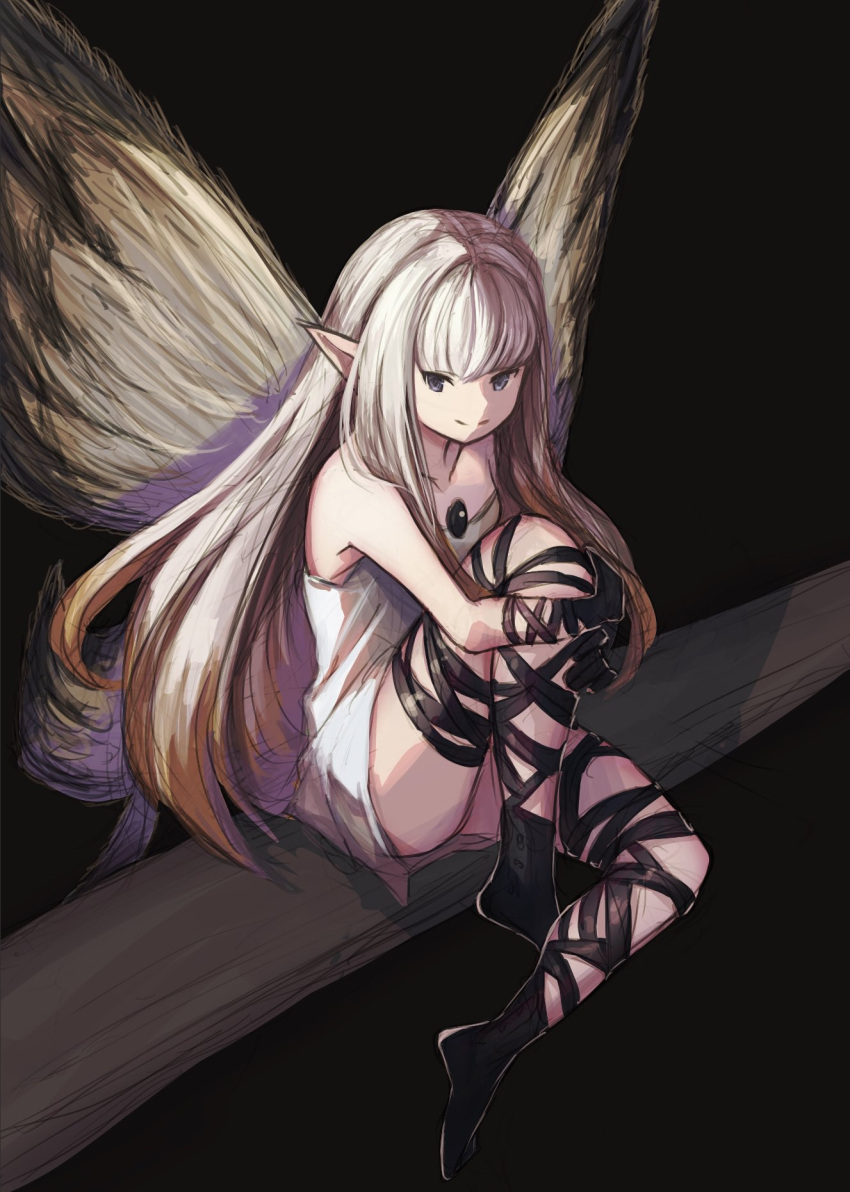 1girl airy_(bravely_default) bare_shoulders black_background black_gloves black_socks bravely_default:_flying_fairy bravely_default_(series) butterfly_wings dress fairy fairy_wings gloves grey_eyes highres hugging_own_legs knee_up legs long_hair pointy_ears short_dress shouma_(bravespiritya) simple_background sitting smile socks solo strapless strapless_dress thigh_strap thighs white_hair wings