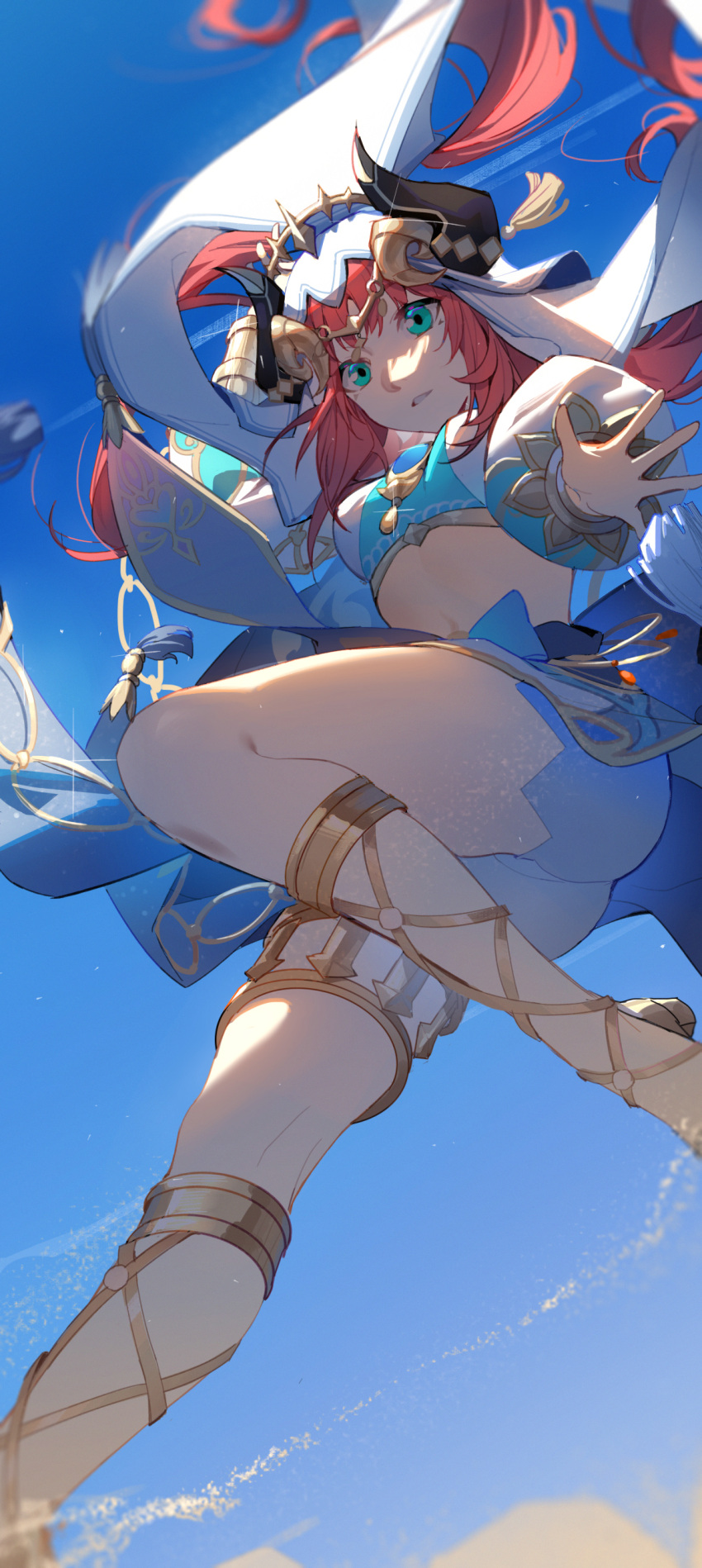 1girl absurdres blue_gemstone breasts brooch circlet crop_top dancer fake_horns gem genshin_impact gladiator_sandals gold_footwear gold_trim green_eyes harem_outfit highres horns jewelry long_hair long_sleeves medium_breasts newflame nilou_(genshin_impact) parted_lips puffy_sleeves red_hair sandals skirt solo stomach thighlet thighs twintails veil white_headdress white_veil