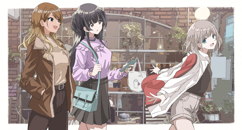 3girls absurdres bag belt black_eyes black_hair blonde_hair blue_eyes breasts brown_eyes brown_hair cellphone cowboy_shot dark-skinned_female dark_skin frilled_shirt frills gradient_hair grey_hair handbag highres holding holding_phone idolmaster idolmaster_shiny_colors izumi_mei jacket long_hair mayuzumi_fuyuko multicolored_hair multiple_girls open_clothes open_jacket pants phone serizawa_asahi shirt short_hair shorts skirt smartphone smile sweater two_side_up urota_shimapann walking