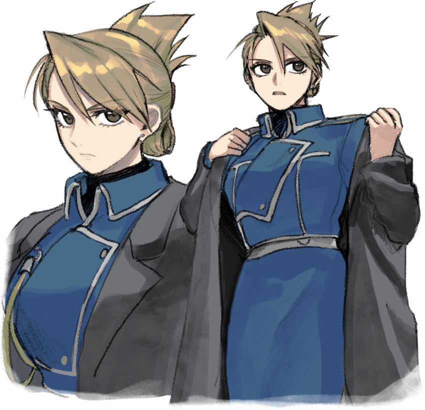 1girl amestris_military_uniform blonde_hair brown_eyes collar folded_ponytail fullmetal_alchemist highres jacket long_sleeves military military_jacket military_uniform ozaki_(tsukiko3) riza_hawkeye simple_background solo uniform white_background