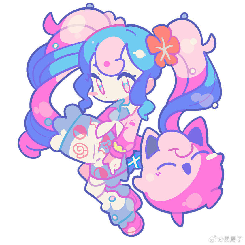 1girl blue_hair chinese_commentary clefairy_sprite_(pokemon) closed_mouth commentary_request fairy_miku_(project_voltage) flower fossil_sprite_(pokemon) full_body hair_flower hair_ornament hatsune_miku highres horrorratman jigglypuff long_hair long_sleeves looking_at_viewer pink_hair pink_shirt pokemon pokemon_(creature) project_voltage red_flower shirt simple_background skirt smile socks twintails vocaloid white_background white_socks