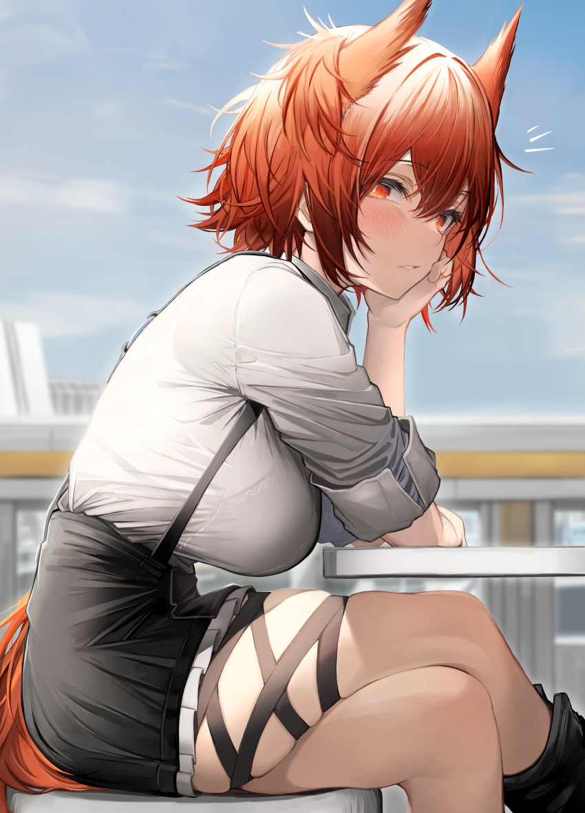 1girl absurdres animal_ears arknights bird_ears bird_girl bird_tail black_footwear black_skirt blue_sky boots breasts crossed_legs day feet_out_of_frame fiammetta_(arknights) head_rest highres large_breasts looking_at_viewer notice_lines outdoors red_eyes red_hair shirt short_hair skindentation skirt sky solo suspender_skirt suspenders tab_head table tail thigh_strap thighs white_shirt