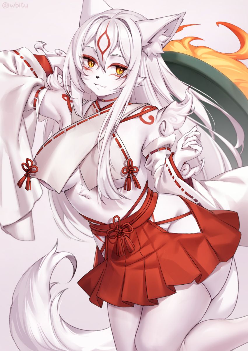 1girl amaterasu_(ookami) animal_nose bodypaint breasts closed_mouth colored_skin detached_sleeves facepaint furry furry_female hair_between_eyes hakama highres iwbitu japanese_clothes long_hair looking_at_viewer nontraditional_miko ookami_(game) red_hakama solo standing underboob white_hair white_skin white_sleeves wide_sleeves yellow_eyes
