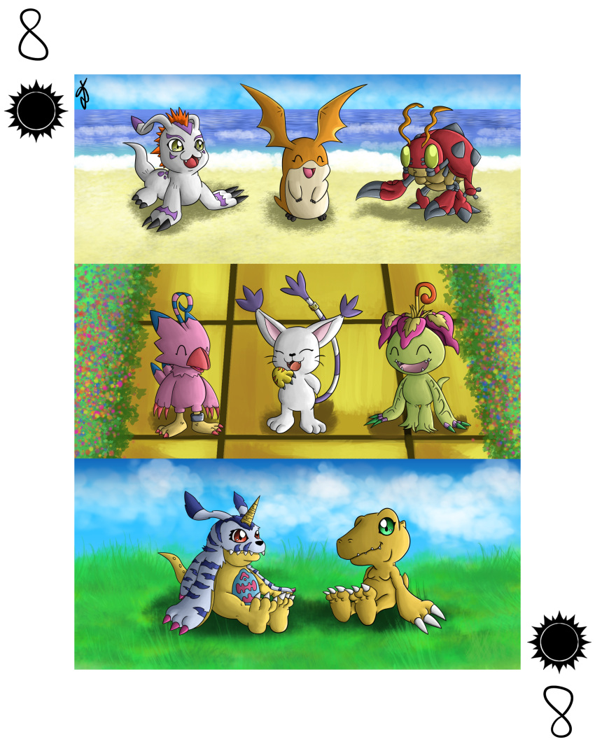 4:5 absurd_res agumon bandai_namco beach biyomon card custom_cards digimon digimon_(species) feild female feral gabumon garden gatomon gomamon group hi_res male palmon patamon playing_card seaside shiromon999 tentomon